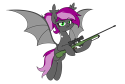 Size: 2517x1689 | Tagged: safe, artist:moonatik, oc, oc only, oc:bitwise operator, bat pony, cyborg, pony, awp, bat pony oc, bat wings, ear fluff, ear tufts, eyebrows, eyebrows visible through hair, fangs, female, flying, green eyes, gun, hoof hold, implants, looking at you, mare, ponytail, rifle, simple background, slit pupils, solo, spread wings, tail, transparent background, two toned mane, two toned tail, weapon, wings