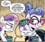 Size: 487x457 | Tagged: safe, artist:brenda hickey, idw, official comic, lavender rhinestone, sweetie belle, earth pony, pony, unicorn, g4, spirit of the forest #1, spoiler:comic, assertive, comic, female, filly, foal, glasses, grin, hat, implied filthy rich, mare, receptionist, secretary, sheepish grin, smiling, speech bubble, sweat, sweetie belle is not amused, tin can, tin can telephone, unamused