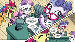 Size: 970x546 | Tagged: safe, artist:brenda hickey, idw, official comic, apple bloom, lavender rhinestone, scootaloo, sweetie belle, earth pony, pony, unicorn, g4, spoiler:comic, spoiler:comicspiritoftheforest01, apple bloom is not amused, assertive, cap, comic, cutie mark crusaders, female, filly, foal, glasses, grin, hat, implied filthy rich, mare, receptionist, scootaloo is not amused, secretary, sheepish grin, smiling, speech bubble, sweat, sweetie belle is not amused, tin can, tin can telephone, unamused