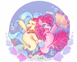Size: 2500x2000 | Tagged: safe, artist:sonira24, pinkie pie, princess skystar, earth pony, pony, seapony (g4), g4, my little pony: the movie, bioluminescent, blue eyes, blue mane, bubble, cute, dorsal fin, eyes closed, fan, female, fins, fish tail, flower, flower in hair, flowing mane, flowing tail, freckles, glowing, high res, jewelry, looking at you, necklace, ocean, one small thing, open mouth, open smile, pearl necklace, pink mane, seaponified, seapony pinkie pie, seaweed, simple background, smiling, species swap, tail, underwater, water, white background