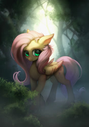 Size: 1400x2000 | Tagged: safe, artist:zetamad, fluttershy, pegasus, pony, g4, bush, cute, female, folded wings, forest, looking at you, mare, outdoors, raised hoof, shyabetes, solo, standing, three quarter view, tree, wings, wrong eye color
