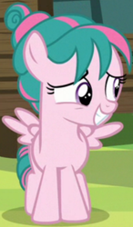 Size: 574x983 | Tagged: safe, screencap, tulip swirl, pegasus, pony, g4, marks and recreation, cropped, female, filly, grin, nervous, nervous smile, smiling, solo
