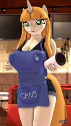 Size: 1080x1920 | Tagged: safe, artist:anthroponiessfm, oc, oc:chai malai, unicorn, anthro, 3d, anthro oc, apron, big breasts, breasts, clothes, cup, female, horn, looking at you, shirt, shorts, source filmmaker, unicorn oc