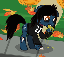 Size: 1472x1294 | Tagged: safe, artist:lightningbolt, derpibooru exclusive, earth pony, pony, undead, zombie, zombie pony, g4, .svg available, blood, bloodshot eyes, bone, bring me the horizon, clothes, fangs, floppy ears, halloween, holiday, jack-o-lantern, leaves, lip piercing, long sleeves, male, nosebleed, oliver sykes, open mouth, outdoors, piercing, ponified, pumpkin, rainbow blood, raised hoof, scar, show accurate, sonic the hedgehog, sonic the hedgehog (series), stallion, standing, stitches, svg, tattoo, torn ear, vector, vomit, vomiting