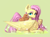 Size: 3150x2300 | Tagged: safe, artist:livitoza, fluttershy, pegasus, pony, rabbit, g4, animal, chest fluff, dandelion, ear fluff, female, folded wings, grass, high res, looking at you, lying down, mare, prone, simple background, solo, turned head, wings