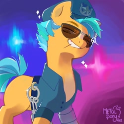 Size: 2000x2000 | Tagged: safe, artist:metalpony3, hitch trailblazer, earth pony, pony, g5, my little pony: a new generation, spoiler:my little pony: a new generation, calendar, ear fluff, grin, high res, key, looking at you, male, police hat, police officer, police uniform, smiling, solo, stallion, sunglasses, toothpick
