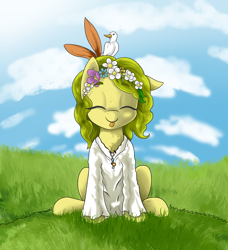 Size: 2916x3192 | Tagged: safe, artist:waffletheheadmare, oc, oc only, oc:flower power, bird, earth pony, pony, clothes, cloud, cottagecore, cute, dress, eyelashes, eyes closed, feather, female, floral head wreath, flower, freckles, grass, green hair, high res, jewelry, mare, necklace, one ear down, sitting, sky, solo, tongue out