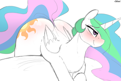 Size: 5000x3334 | Tagged: safe, artist:welost, princess celestia, alicorn, pony, absurd resolution, bedroom eyes, blushing, butt, eyebrows, eyebrows visible through hair, female, folded wings, happy, horn, large butt, looking up, mare, missing accessory, plot, simple background, small wings, smiling, solo, sunbutt, tail, the ass was fat, white background, wings