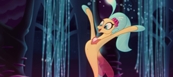 Size: 1810x802 | Tagged: safe, edit, edited screencap, screencap, princess skystar, seapony (g4), g4, my little pony: the movie, belly button, bioluminescent, blue eyes, blue mane, blue tail, bubble, coral, crepuscular rays, cropped, cute, dorsal fin, female, fin wings, fins, flower, flower in hair, freckles, glowing, happy, jewelry, necklace, ocean, open mouth, open smile, pearl necklace, scales, seaquestria, seaweed, skyabetes, smiling, solo, swimming, tail, teeth, throne room, underwater, water, wings