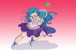 Size: 1280x880 | Tagged: safe, artist:mad munchkin, izzy moonbow, human, g5, my little pony: a new generation, ball, chubby, clothes, deviantart watermark, female, gradient background, humanized, izzy's tennis ball, obtrusive watermark, skirt, solo, tennis ball, tennis racket, watermark