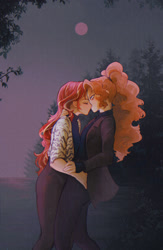 Size: 1335x2050 | Tagged: safe, artist:stummm, adagio dazzle, sunset shimmer, equestria girls, alternate clothes, clothes, coat, eyes closed, female, forest, hand on hip, kissing, lesbian, moon, rain, shipping, sunsagio, sweater, turtleneck