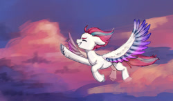 Size: 1280x750 | Tagged: safe, artist:zero-paint, zipp storm, pegasus, pony, g5, my little pony: a new generation, spoiler:my little pony: a new generation, cloud, eyes closed, female, floppy ears, flying, grin, mare, outdoors, profile, sky, smiling, solo, spread wings, windswept mane, wings