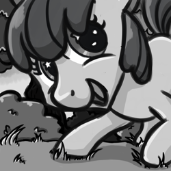 Size: 800x800 | Tagged: safe, artist:villagerpony13, apple bloom, earth pony, pony, g4, female, filly, looking at you, monochrome, starry eyes, wingding eyes