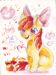 Size: 803x1074 | Tagged: safe, artist:temary03, apple bloom, earth pony, pony, g4, adorabloom, apple, cute, female, filly, food, happy, solo, traditional art