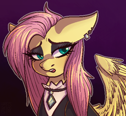Size: 414x381 | Tagged: safe, artist:turbodragon451, fluttershy, pegasus, pony, g4, bust, clothes, ear piercing, female, floppy ears, fluttergoth, goth, gradient background, looking at you, makeup, mare, open mouth, outline, piercing, portrait, solo, spread wings, three quarter view, wings