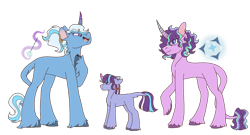 Size: 1280x690 | Tagged: safe, artist:mischievousartist, starlight glimmer, trixie, oc, oc only, pony, unicorn, g4, alternate cutie mark, alternate design, alternate hairstyle, bow, ear piercing, earring, family, female, floppy ears, hair bow, jewelry, leonine tail, lesbian, magical lesbian spawn, offspring, parent:starlight glimmer, parent:trixie, parents:startrix, piercing, ship:startrix, shipping, simple background, smiling, tail, transparent background, unshorn fetlocks