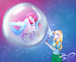 Size: 1280x1033 | Tagged: safe, artist:shizaharu, derpy hooves, pinkie pie, equestria girls, g4, blowing bubbles, bubble, bubble wand, clothes, female, in bubble, panties, pinkie pie trapped in a bubble, skirt, trapped, underwear, upskirt, white underwear
