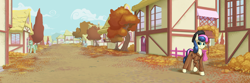 Size: 3900x1300 | Tagged: safe, artist:kirasunnight, bon bon, sweetie drops, earth pony, pony, unicorn, g4, autumn, beret, clothes, commission, female, hat, leaves, mare, ponyville, scenery, tree, trenchcoat