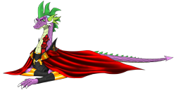 Size: 4808x2480 | Tagged: safe, artist:questionmarkdragon, spike, dragon, g4, armor, cape, clothes, lying down, male, older, older spike, prone, simple background, solo, transparent background