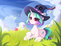 Size: 3900x2925 | Tagged: safe, artist:stahlkat, oc, oc only, oc:magic wind, pony, unicorn, female, grass, hat, high res, lying down, prone, solo, witch, witch hat