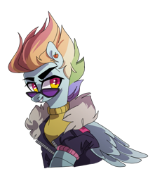Size: 553x626 | Tagged: safe, artist:hoorncorn, rainbow dash, pegasus, pony, g4, aside glance, bust, clothes, female, folded wings, gritted teeth, jacket, looking at you, looking over sunglasses, mare, older, older rainbow dash, simple background, smiling, solo, sunglasses, teeth, three quarter view, transparent background, wings