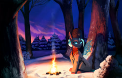 Size: 2500x1603 | Tagged: safe, artist:mrscroup, oc, oc only, changeling, equestria at war mod, blue eyes, campfire, changeling oc, clothes, fire, forest, rock, sitting, snow, solo, tree