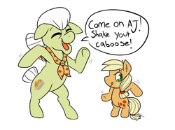 Size: 969x721 | Tagged: safe, artist:therainbowtroll, applejack, granny smith, earth pony, pony, g4, bipedal, cute, dancing, drawthread, duo, eyes closed, female, filly, filly applejack, grandmother and grandchild, requested art, silly, silly pony, simple background, speech bubble, white background, who's a silly pony, younger, younger applejack
