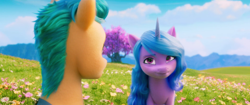 Size: 1920x804 | Tagged: safe, screencap, hitch trailblazer, izzy moonbow, earth pony, pony, unicorn, g5, my little pony: a new generation, 3d, duo, female, looking at each other, male, mare, smiling, stallion