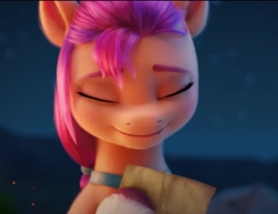 Size: 708x547 | Tagged: safe, screencap, sunny starscout, earth pony, pony, g5, my little pony: a new generation, 3d, cropped, eyes closed, female, hoof on chest, hopeful, mare, paper, smiling, solo