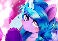 Size: 2048x1430 | Tagged: safe, artist:kurogewapony, izzy moonbow, pony, unicorn, g5, my little pony: a new generation, spoiler:my little pony: a new generation, abstract background, blushing, bust, cute, female, heart, hoof heart, izzybetes, looking at you, mare, smiling, solo, underhoof, upside-down hoof heart