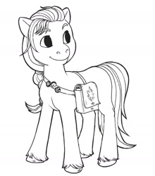 Size: 1382x1570 | Tagged: safe, artist:spectralunicorn, sunny starscout, earth pony, pony, g5, black and white, female, grayscale, lineart, mare, monochrome, satchel, simple background, solo, white background