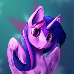 Size: 2160x2160 | Tagged: safe, artist:tenebrisnoctus, twilight sparkle, alicorn, pony, g4, cutie mark background, female, head tilt, high res, looking at you, mare, solo, twilight sparkle (alicorn)