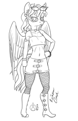 Size: 959x1500 | Tagged: safe, artist:sepiakeys, rainbow dash, pegasus, anthro, plantigrade anthro, g4, belly button, boots, clothes, fishnet stockings, lipstick, monochrome, rainbow dash always dresses in style, shoes, skirt, solo, sunglasses