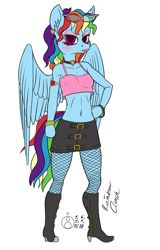 Size: 767x1200 | Tagged: safe, artist:sepiakeys, rainbow dash, pegasus, anthro, plantigrade anthro, g4, belly button, bimbo dash, boots, clothes, ear piercing, earring, fishnet stockings, jewelry, lipstick, monochrome, piercing, rainbow dash always dresses in style, shoes, skirt, solo, sunglasses