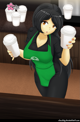 Size: 657x1000 | Tagged: safe, artist:clouddg, oc, oc:dany melody, equestria girls, g4, apron, breasts, busty oc, clothes, coffee cup, cup, female, looking at you, open mouth, solo, starbucks, working