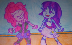 Size: 1280x811 | Tagged: safe, artist:dex stewart, mystery mint, pinkie pie, equestria girls, g4, clothes swap, duo, duo female, eyes closed, female, grin, smiling, traditional art