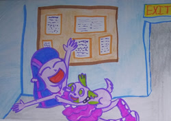 Size: 1280x902 | Tagged: safe, artist:dex stewart, spike, twilight sparkle, dog, equestria girls, g4, armpit tickling, armpits, eyes closed, laughing, spike the dog, tickling, traditional art