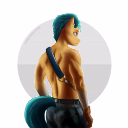Size: 4724x4724 | Tagged: safe, artist:shallowwin, hitch trailblazer, earth pony, anthro, g5, my little pony: a new generation, ass, belt, butt, clothes, gloves, jeans, male, markings, muscles, muscular male, muscular stallion, nudity, pants, partial nudity, solo, stupid sexy hitch trailblazer, topless