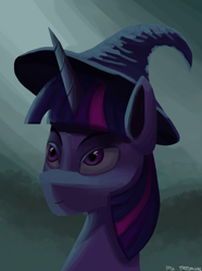 Size: 1000x1346 | Tagged: safe, artist:vezja, twilight sparkle, g4, abstract background, bust, female, hat, mare, nightmare night, portrait, witch, witch hat