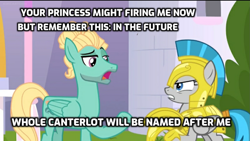 Size: 1381x778 | Tagged: safe, edit, edited screencap, screencap, windstorm, zephyr breeze, pegasus, pony, g4, g5, my little pony: a new generation, sparkle's seven, caption, duo, female, guardsmare, headcanon, image macro, male, mare, misspelling, pegasus royal guard, royal guard, stallion, text, zephyr heights