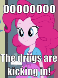 Size: 269x359 | Tagged: safe, edit, screencap, pinkie pie, equestria girls, g4, my little pony equestria girls: friendship games, animated, caption, cropped, cute, derp, diapinkes, drug use, female, gif, image macro, meme, ponk, she knows, solo, text