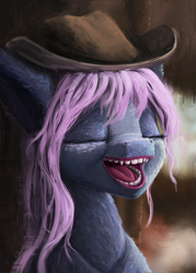 Size: 2341x3269 | Tagged: safe, alternate version, artist:gliconcraft, oc, oc only, oc:peachbloom everbreeze, pony, eyes closed, hat, high res, mawshot, open mouth, smiling, teeth, tongue out