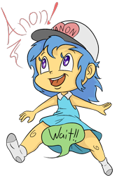 Size: 1000x1414 | Tagged: safe, artist:happy harvey, oc, oc only, oc:little league, human, equestria girls, g4, censored, censored vulva, child, clothes, colored, colored pupils, dialogue, dimples, dress, female, happy, hat, heart eyes, implied anon, looking up, no shoes, offscreen character, open mouth, phone drawing, running, simple background, smiling, socks, solo, strategically covered