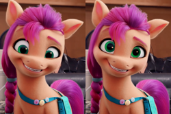 Size: 1628x1080 | Tagged: safe, screencap, sunny starscout, earth pony, pony, g5, my little pony: a new generation, spoiler:my little pony: a new generation, 3d, female, irl, looking at you, looking down, mare, photo, smiling, solo