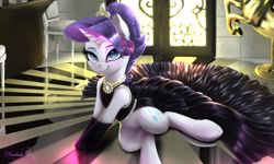 Size: 2500x1500 | Tagged: safe, artist:darksly, rarity, pony, unicorn, audrey hepburn, beautiful, black dress, bottomless, breakfast at tiffany's, chair, clothes, cutie mark, door, dress, ear fluff, female, holly golightly, horn, indoors, jewelry, lidded eyes, long dress, looking at you, mare, necklace, partial nudity, smiling, smiling at you, solo, tiara