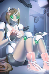Size: 2200x3317 | Tagged: safe, artist:littlepolly, part of a set, oc, oc:ryleigh, unicorn, anthro, series:starshine's drone empire, converse, drone, high res, hypnosis, latex, monitors, part of a series, roboticization, rubber drone, shoes, sneakers