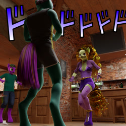 Size: 1080x1080 | Tagged: safe, artist:stellarator, adagio dazzle, oc, oc:peach cobbler, oc:protein shake, anthro, unguligrade anthro, comic:we will be adored, comic:we will be adored part 16, g4, 3d, adagio gonna get ya, blender, blender cycles, breasts, clothes, comic panel, female, intimidating, jojo reference, jojo's bizarre adventure, male, meme, not sfm, oh you're approaching me, skirt, socks, thigh highs, trio, ド ド ド