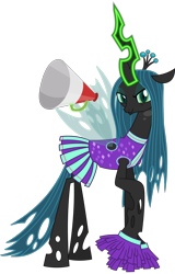 Size: 1382x2166 | Tagged: safe, artist:sketchmcreations, queen chrysalis, changeling, changeling queen, 2 4 6 greaaat, g4, cheerleader, cheerleader chrysalis, cheerleader outfit, clothes, female, glowing horn, horn, lidded eyes, magic, megaphone, pom pom, raised hoof, simple background, skirt, smiling, solo, telekinesis, transparent background, vector