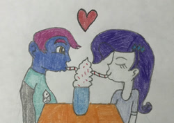 Size: 1280x912 | Tagged: safe, artist:galeemcrusher, rarity, oc, human, equestria girls, g4, canon x oc, drawing, drinking straw, female, food, heart, male, milkshake, shipping, sprinkles, straight, table, whipped cream