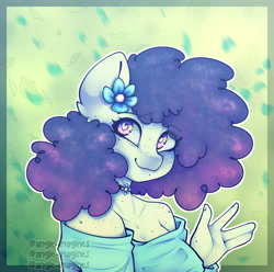 Size: 3300x3275 | Tagged: safe, artist:angie imagines, oc, oc only, earth pony, anthro, afro, beauty mark, choker, ear fluff, earth pony oc, female, flower, flower in hair, freckles, green background, high res, multicolored eyes, multicolored hair, simple background, solo